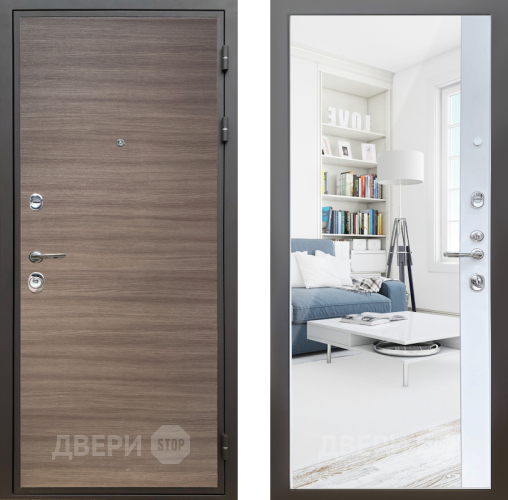 Входная металлическая Дверь Шелтер (SHELTER) Комфорт Дуб тоскано поперечный 14 с зеркалом Белый матовый в Рузе