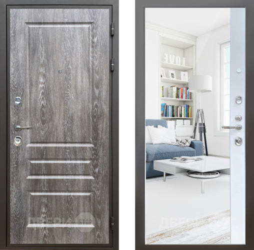 Входная металлическая Дверь Шелтер (SHELTER) Комфорт Дуб шале серебро 14 с зеркалом Белый матовый в Рузе