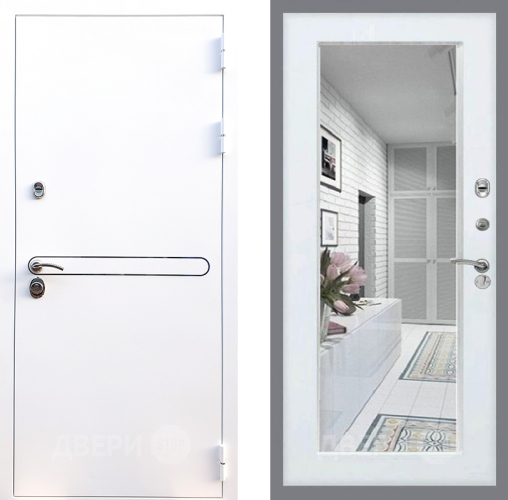 Входная металлическая Дверь Стоп Лайн Вайт Зеркало Белый ясень в Рузе