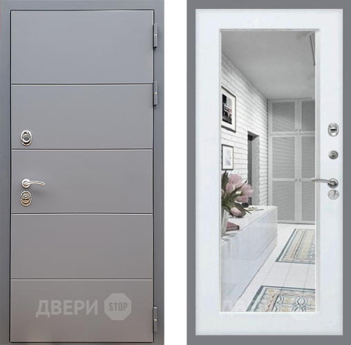 Входная металлическая Дверь Стоп АРТ ГРАФИТ Зеркало Белый ясень в Рузе