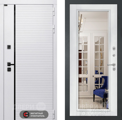 Входная металлическая Дверь Лабиринт (LABIRINT) Royal Зеркало Фацет с багетом Белый софт в Рузе