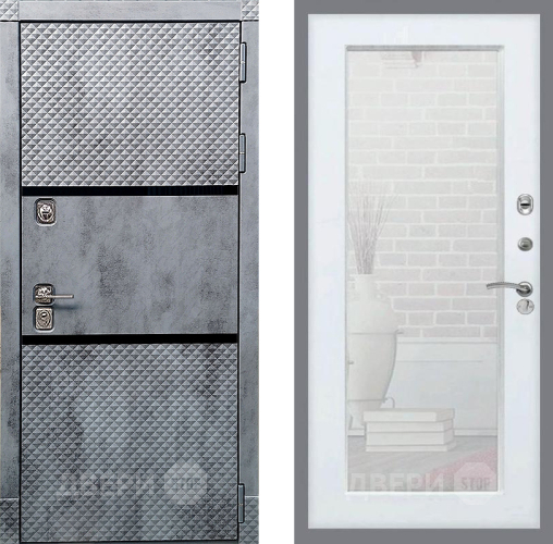 Входная металлическая Дверь Рекс (REX) 15 Бетон Темный Зеркало Пастораль Белый ясень в Рузе